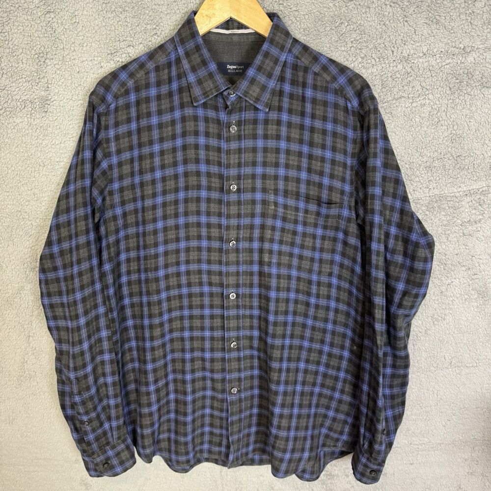 Zegna Sport Shirt Mens Large Grey Blue Plaid‎ Long Sleeve Button Up Cotton Wool